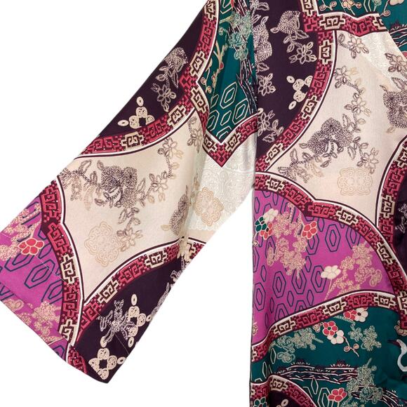 Natori Asian Floral Long Zip Caftan Robe Medium Satin Poly Purple Lounge Hostess - Picture 4 of 7